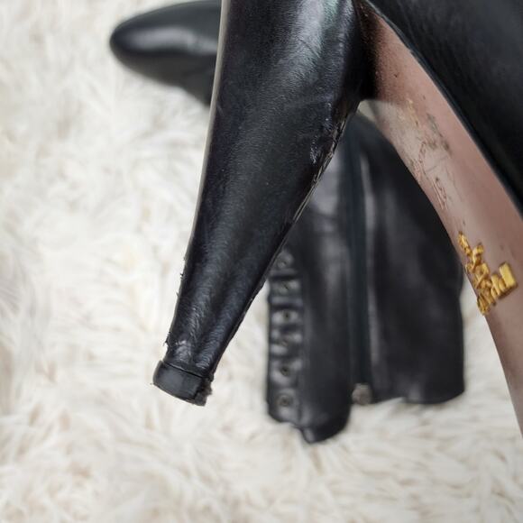 Prada heeled lace up booties leather Sz 37 black A30 - Picture 5 of 7